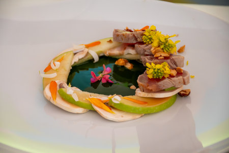 Degustation appetizers for visitors made by great chefs of haute cuisine French restaurants, summer wine festival in Tours, Loire valley, Franceの写真素材
