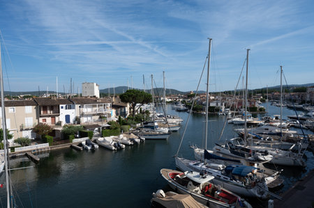French Riviera, travel and summer sea vacation destination, view on houses, roofs, canals and boats in Port Grimaud, Var, Provence, south of Franceの写真素材
