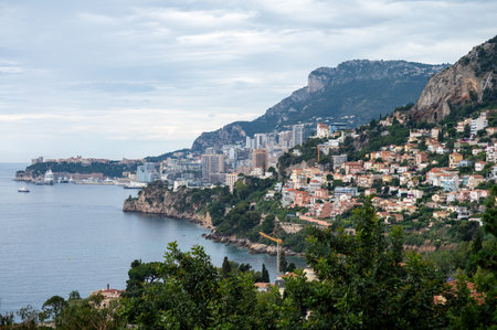 Morning view on houses and harbor of Monte-Carlo town in Monaco principality, Europe, life on French Rivieraの写真素材