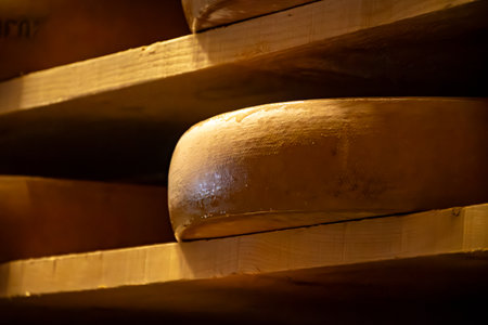 Aging rooms with many shelves in cheese caves, central location for aging of wheels, rounds of Comte cheese from four months to several years made from raw cow milk, Jura, Franceの写真素材
