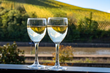 Glasses of white dry riesling wine made on Moselle river valley in Germany or Luxembourg, view on terraced vineyards in Nittelの写真素材