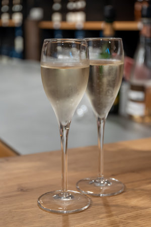 Tasting of sparkling white wine, traditional champagne method making of cremant in caves on Moselle river valley in Luxembourg, wine tour and visiting cavesの写真素材
