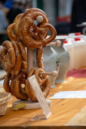 Salty tasty German pretzels for sale on beer festival in October, Bayern, Germanyの写真素材