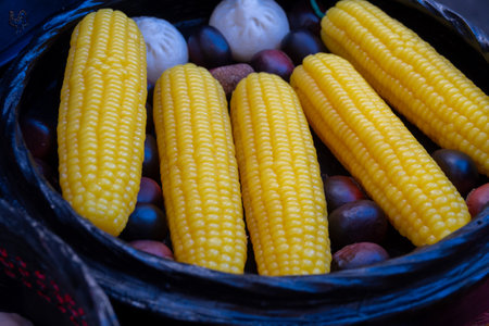 Steamed or boiled sweet corn in asian food court on weekly market, vegetarian asian foodの写真素材