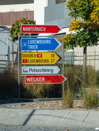 Transport infrastructure in Europe, road signs, directions, country borders, driving car on motorwayの写真素材
