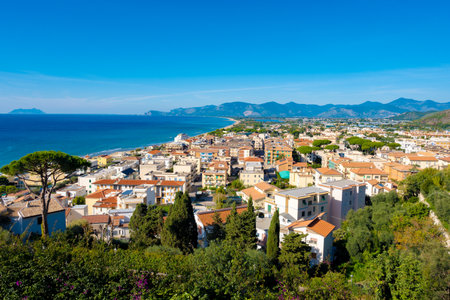 View on medieval small touristic coastal town Sperlonga and sea shore, Latina, Italy in sunny dayの写真素材