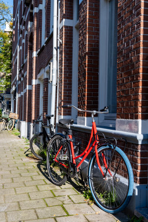 Daily life of Amsterdam, street parking bicycle in old part of the city, North Holland, Netherlandsの写真素材