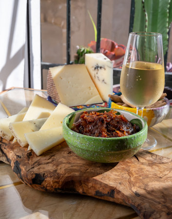 Sherry fino wine and food pairing, Spanish matured cheese and onion chutney close upの写真素材