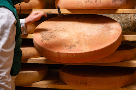 Cheese check in aging rooms with many shelves in caves, central location for aging of wheels, rounds...