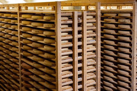Aging rooms with many shelves in cheese caves, central location for aging of wheels, rounds of Comte cheese from four months to several years made from raw cow milk, Jura, Franceの写真素材