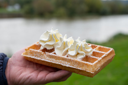 Tasty dessert, French or Luxembourg waffles with whipped cream close up eating outdoor in autumn, wine festival in Schengen, Luxembourgの写真素材