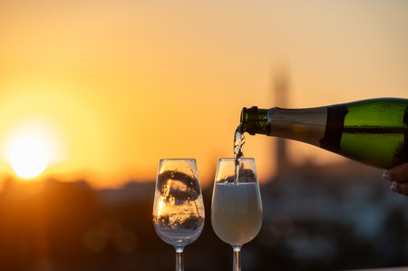 Drinking of cava or champagne sparkling wine on outdoor roof terrace with view on central part of old Sevilla, Andalusia, Spain at sunsetの写真素材