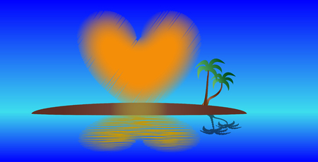 The sun in the shape of the heart rises above the tropical island.のイラスト素材