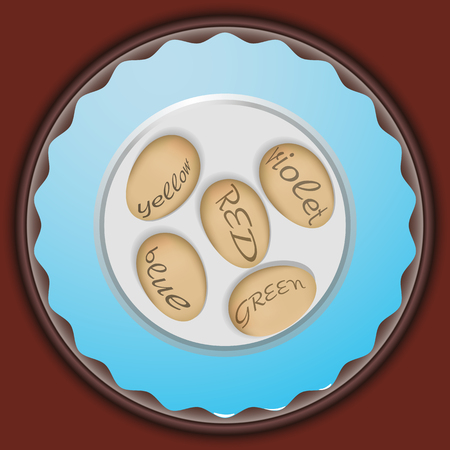 Five eggs with the name of the color on a blue plate.のイラスト素材