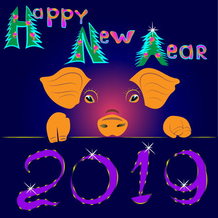 Poster Happy New Year. Since 2019, the year of the yellow pig.のイラスト素材