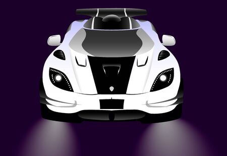 Sports car in white with headlights and a wing.