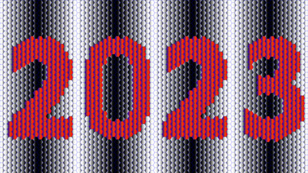 Colorful Happy New Year 2023, bright frame on background with text. Vector illustration in a flat...