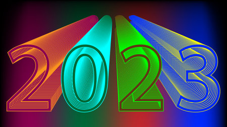 Colorful Happy New Year 2023, bright frame on background with text. Vector illustration in a flat...