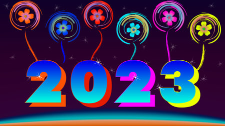 Colorful Happy New Year 2023, bright frame on background with text. Vector illustration in a flat...