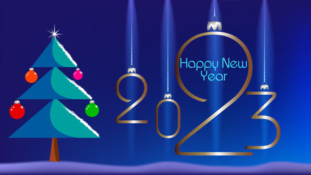 Colorful Happy New Year 2023, bright frame on background with text. Vector illustration in a flat...