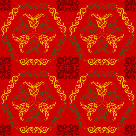 Sample pattern for fabrics, interiors, ceramics and furniture in the Arabian style. Sample traditional ornament of the peoples and countries of Asia, in which saturated colors attract luck and wealth.のイラスト素材