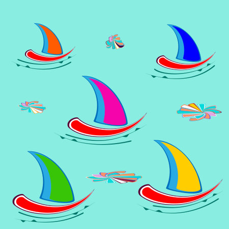 Summer pattern, seamless with colored yachts on the waves. Multi-colored sails of the summer regatta.のイラスト素材