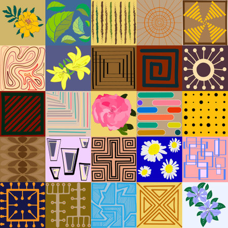 25 seamless, floral, abstract patterns in a minimal style. Colors are selected according to the color palette.のイラスト素材