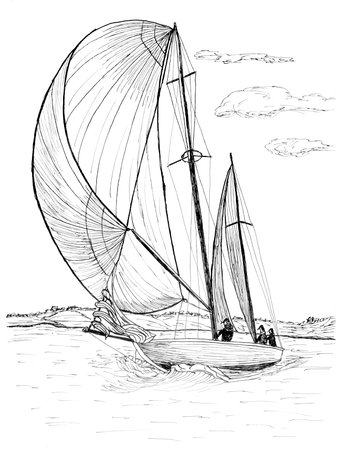 Black and white artistic sketch of a sailing yacht in motion. This detailed drawing showcases a yacht with billowing sails cutting through waves on a windy day. The background features a cloudy sky. The illustration is executed in pencil drawing technique, conveying the dynamics of movement and maritime atmosphere. Perfect for nautical themes, decor, and design projects. The sketch demonstrates expert handling of sailing vessel details, including the spinnaker sail and maritime dynamicsの写真素材