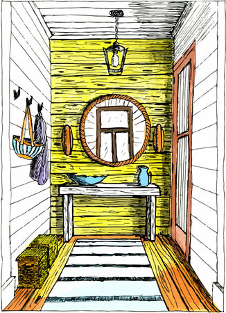 This vibrant vector sketch illustrates a narrow entryway with yellow shiplap walls, a rope-framed round mirror reflecting a window, hanging lantern, console table topped with blue bowl and vase, wall hooks holding a bag, woven baskets, striped rug on wooden floor, and door at the end. Nautical and rustic elements create a cozy vibe, suitable for interior design websites, home renovation apps, real estate listings, decor catalogs, or printable wall art, enhancing projects with scalable, editable vector format for digital or print use.のイラスト素材