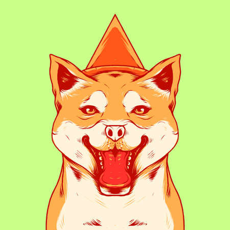 vector illustration of dog with cone birthday hat vintage vector illustration, suitable for logo, party invitation, greeting card and printable product etc.のイラスト素材