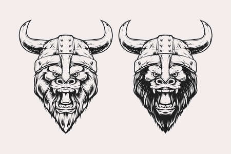 set of gorilla head with viking helmet shield armour vector illustration in vintage monochrome style. suitable for t-shirts, prints, logos and other apparel productsのイラスト素材