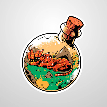 premium vector tiger on potion bottleillustration, in a modern cartoon style, perfect for t-shirts or print productsのイラスト素材