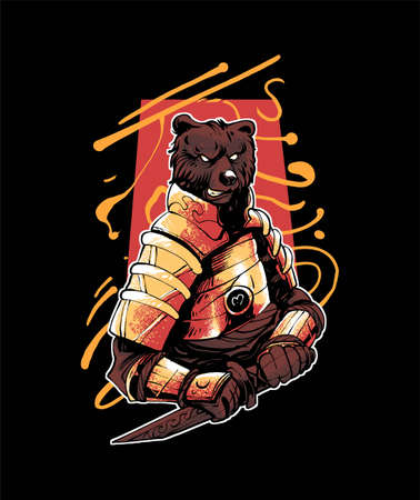 bear ronin samurai illustration, in a modern cartoon style, perfect for t-shirts or print products premium vectorのイラスト素材