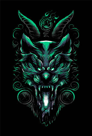 premium vector satanic wolf head illustration, in a modern cartoon style, perfect for t-shirts or print productsのイラスト素材