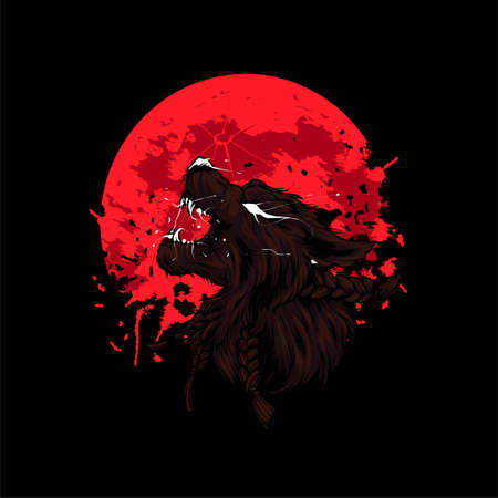angry werewolf on red blood moon Vector Illustration, Suitable for t-shirt, Apparel, Print and Merchandise Productsのイラスト素材