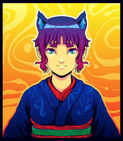 japan girl demi human with cat ear illustration artのイラスト素材