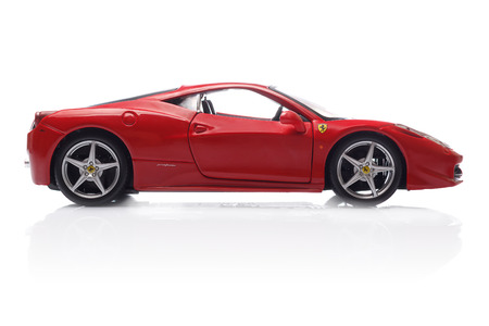 KRIVOY ROG, UKRAINE - AUG 22- Toy ferrari 458 Italia on white background, Friday 22 August 2014のeditorial素材