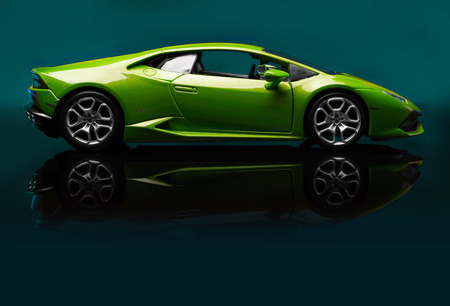 SANTAGATA BOLOGNESE, BOLOGNA, ITALY - JAN 20 - Toy lamborghini huracan on blue background, Tuesday 20 January 2015のeditorial素材
