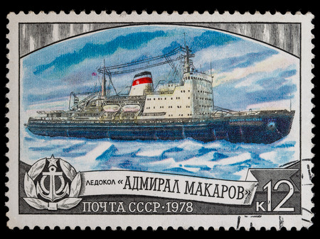 USSR- CIRCA 1978: a stamp printed by USSR, shows known russian icebreaker "Admiral Makarov", series, circa 1978のeditorial素材