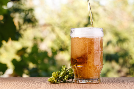 A glass of cold beer outdoors.の写真素材