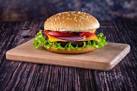 Photo of a delicious juicy burger on a beautiful background.の写真素材