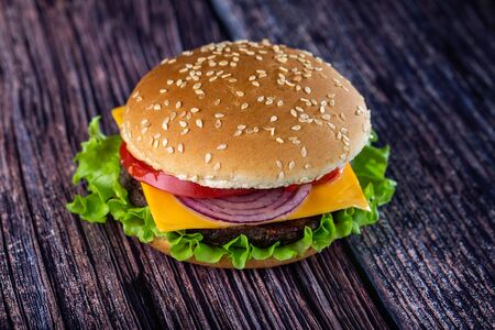 Photo of a delicious juicy burger on a beautiful background.の写真素材