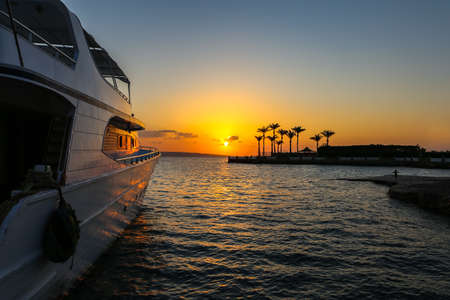 Photo of a yacht, palms during the sunrise at sea.の写真素材