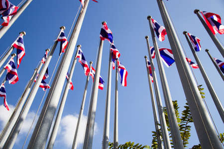 Thai Flags at my school with blue sky の写真素材