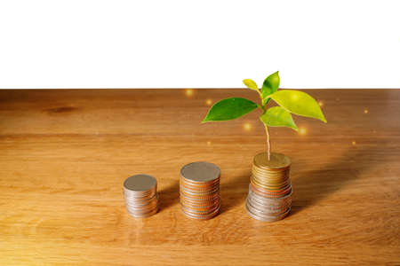 Saving concept of financial improvement progress by stack of coin or cash growing on wooden background. Rising of graph or tree on money show for treasure and wealth of growth economy.の写真素材