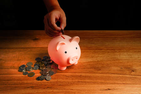 Hand hold coins and piggy bank, saving cash coin concept investment. Management growth funding budget for wealth. Wooden background with saving word and coins on it.の写真素材