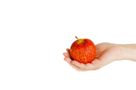 Hand hold red, yellow apple cutout on isolated white background. This juicy healthy fruit is very tasty and has natural vitamin with antioxidant nutrition. Eat as health and diet food.の写真素材