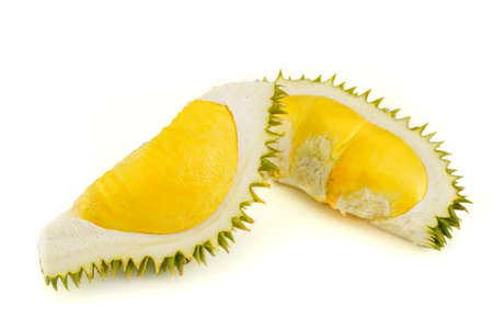 Fresh durian pulp cut out on isolated white background. This Thai fruit smelly and sharp spikes, taste sweet. Due to its sharp of thorn, so we call it king of fruit main agriculture in Asia.の写真素材