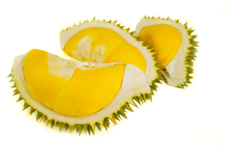 Fresh durian pulp cut out on isolated white background. This Thai fruit smelly and sharp spikes, taste sweet. Due to its sharp of thorn, so we call it king of fruit main agriculture in Asia.の写真素材