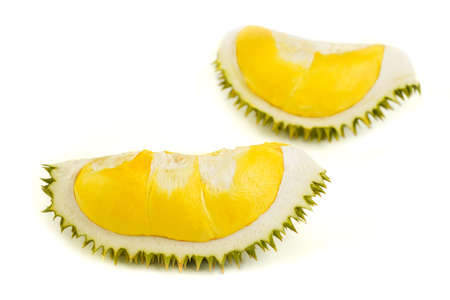 Fresh durian pulp cut out on isolated white background. This Thai fruit smelly and sharp spikes, taste sweet. Due to its sharp of thorn, so we call it king of fruit main agriculture in Asia.の写真素材